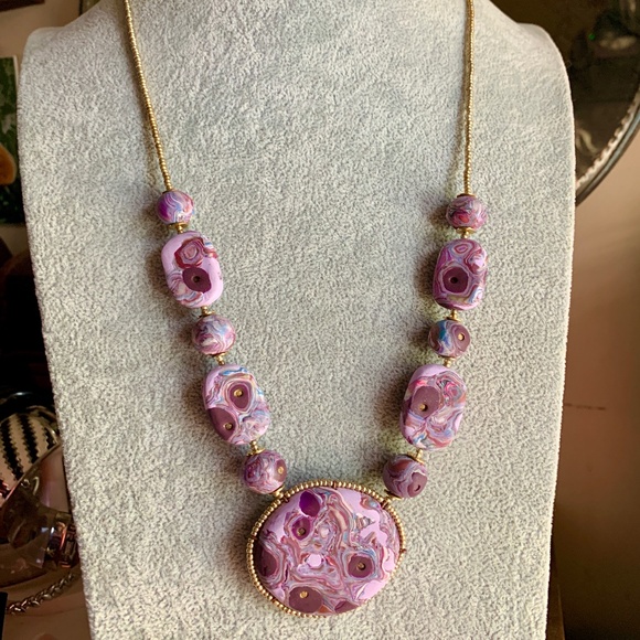 Handmade Polymer Clay Necklace Purple Swirl OOAK - Picture 14 of 15